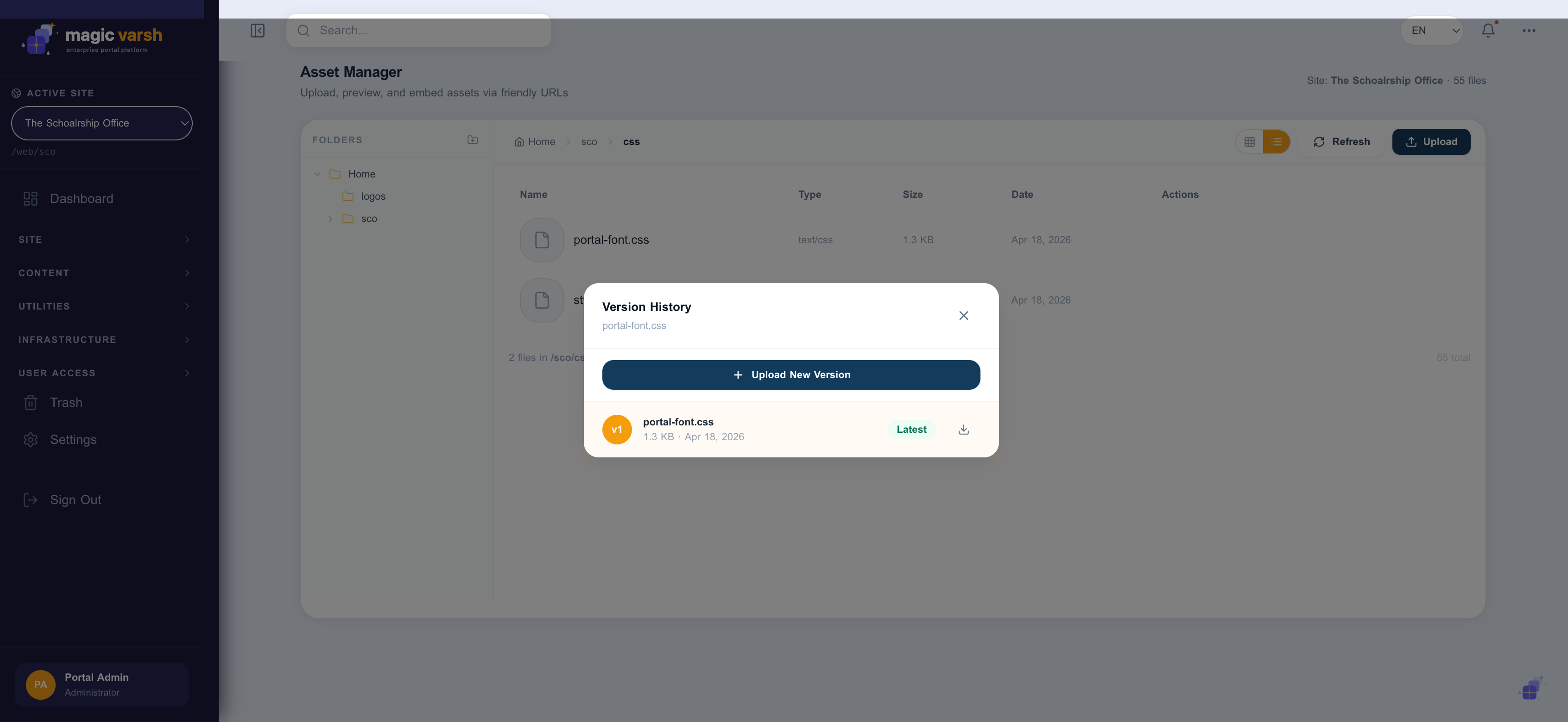 Asset version history — review and restore earlier versions.