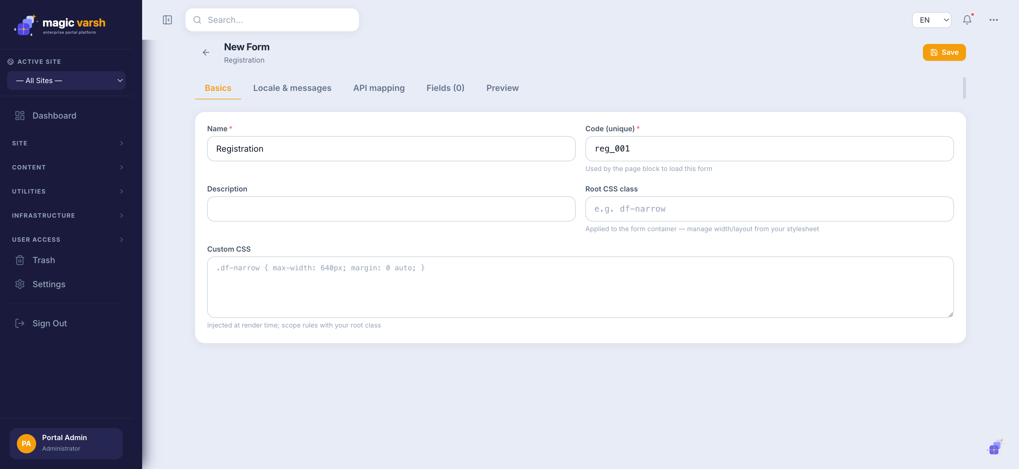 Step 1 — the form's basic details.