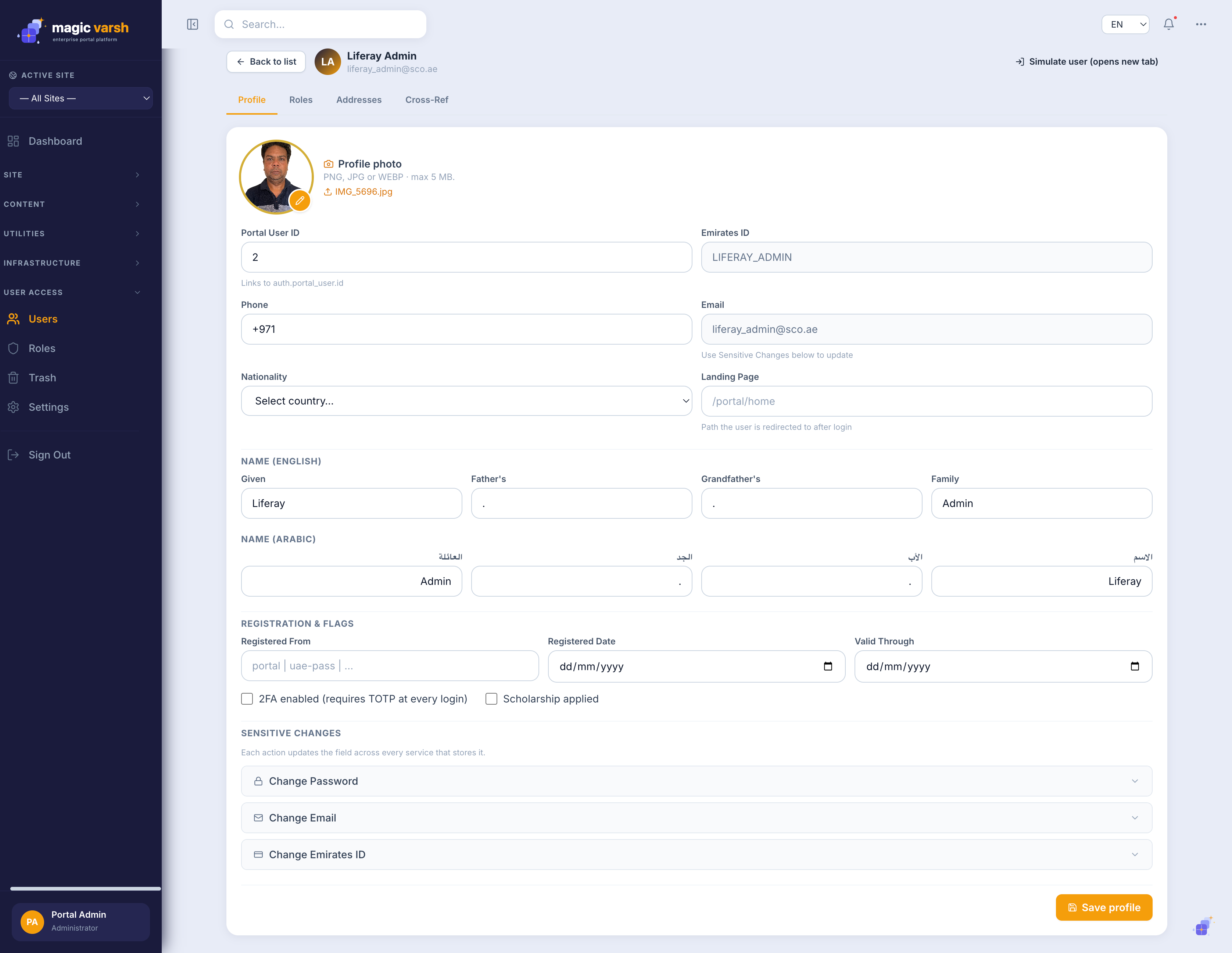 Editing an existing user and their roles.