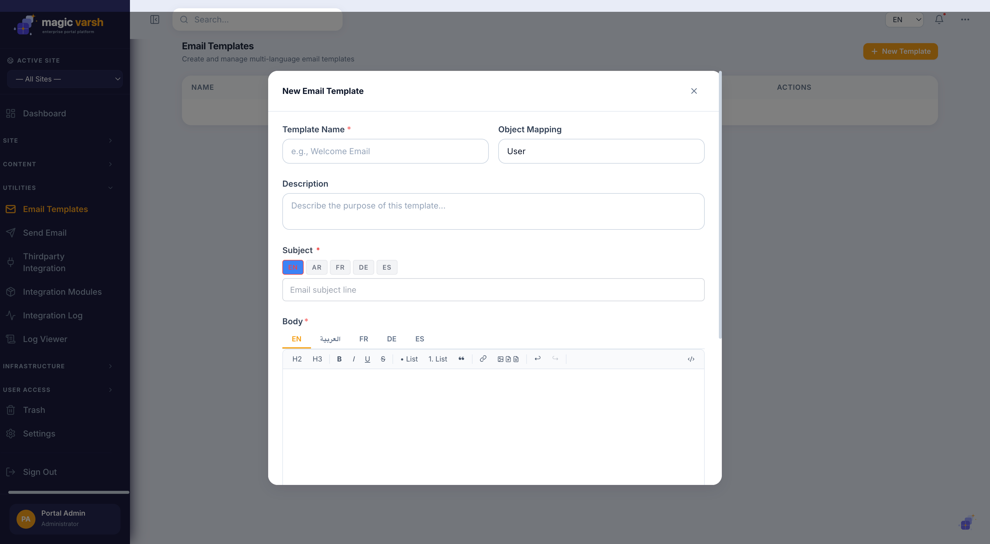 The multi-language email templates list.