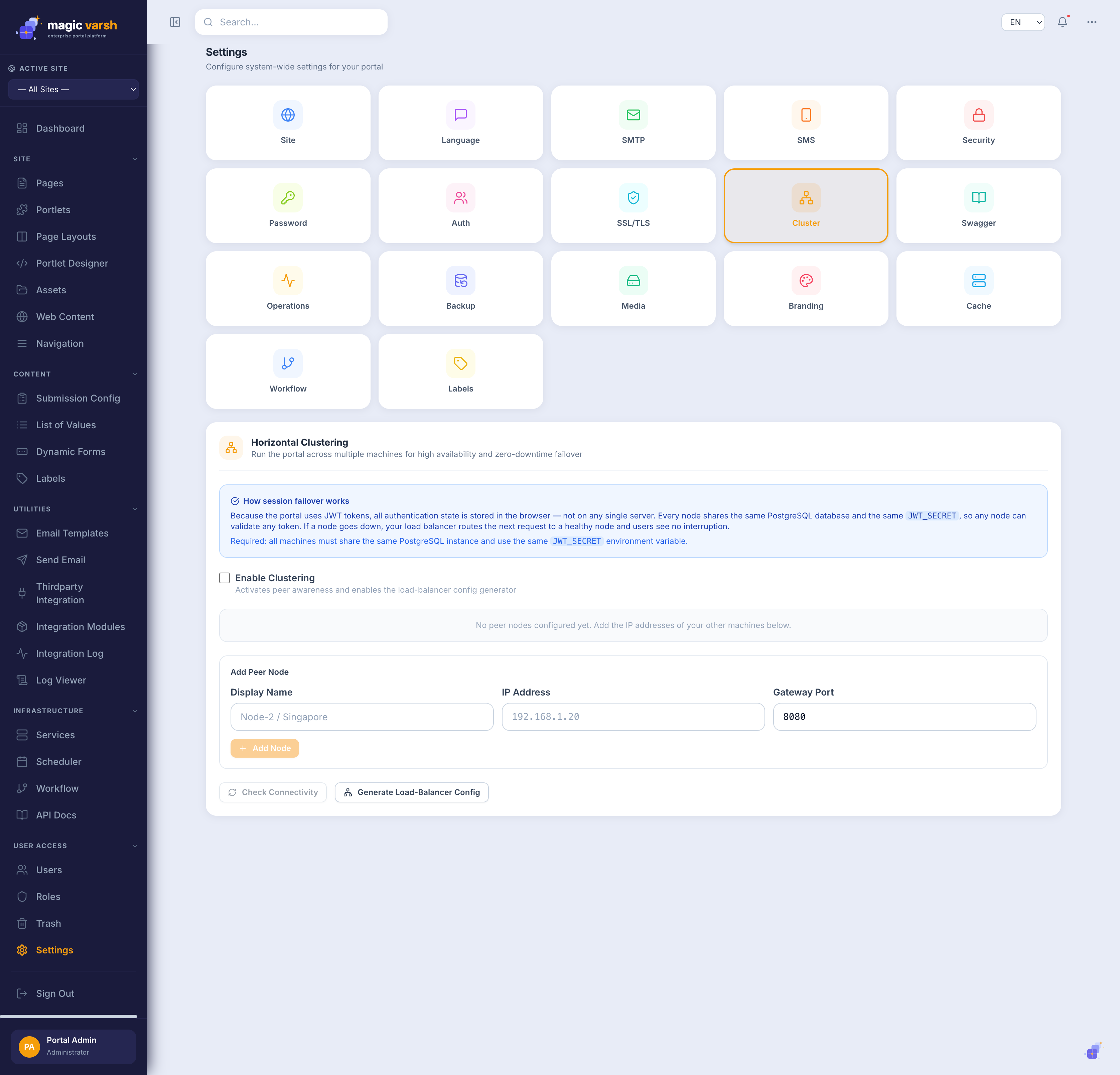 Cluster configuration under Settings → Cluster.